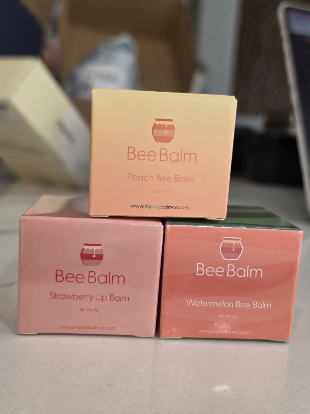 Bee Balm Lip Care Trio Peach Strawberry Watermelon Scents 5g each with applicato